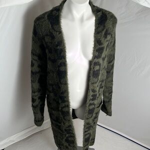 Fate army green and black fuzzy knit leopard open cardigan
